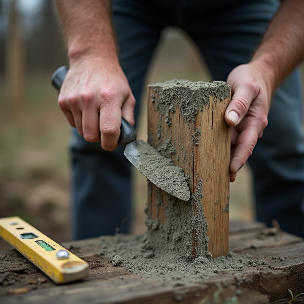 Detail opravy nakloněného sloupku plotu s betonovou patkou